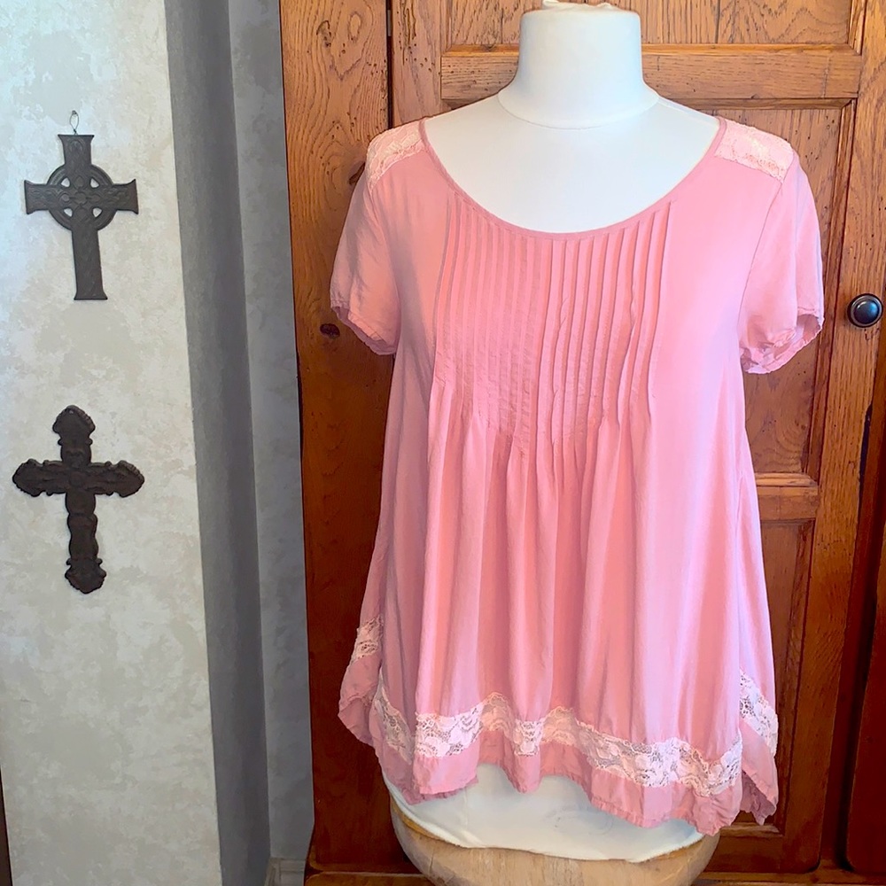 🌸Dusty Rose Pretty Lace Boho Top💕Pleated front💝